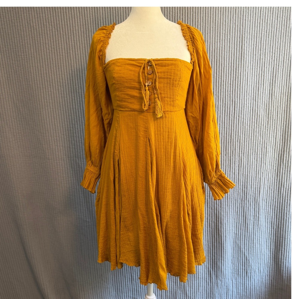 Free People Mini Dress Boho Small Mustard Yellow Summer Beach Gauze